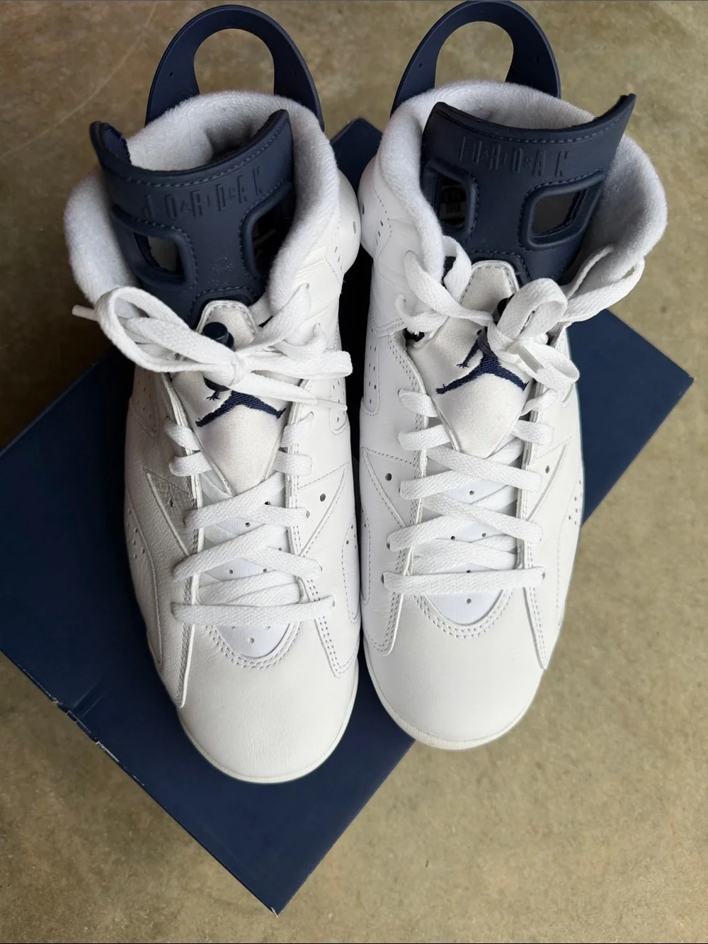 Jordan White and Navy Retro High-Top Basketball Shoes - Picture 2 of 5